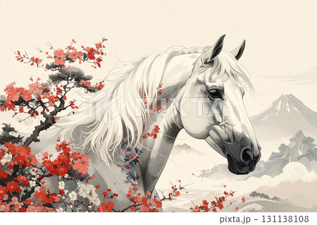 馬の水彩画アート,和柄の馬のアート,午年イメージ,Generative AI,AI画像 131138108