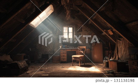 Old attic with wooden beams, dusty furniture, sunlight, nostalgic mood, forgotten treasures Old attic with wooden beams, dusty furniture, sunlight, nostalgic mood, forgotten treasures 131138198