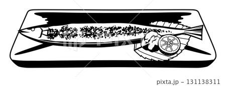 さんま(秋刀魚)のイラスト/秋の味覚(モノクロ・線画) さんま(秋刀魚)のイラスト/秋の味覚(モノクロ・線画) 131138311