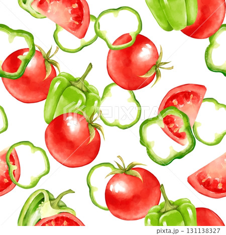 Seamless hand-drawn pattern with fresh tomatoes and green bell peppers. 131138327