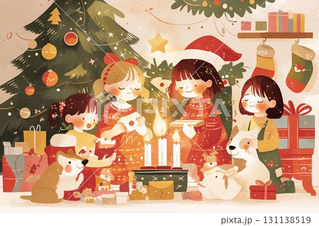 子どもたちと犬が囲むキャンドルとプレゼントのクリスマスイラスト 131138519