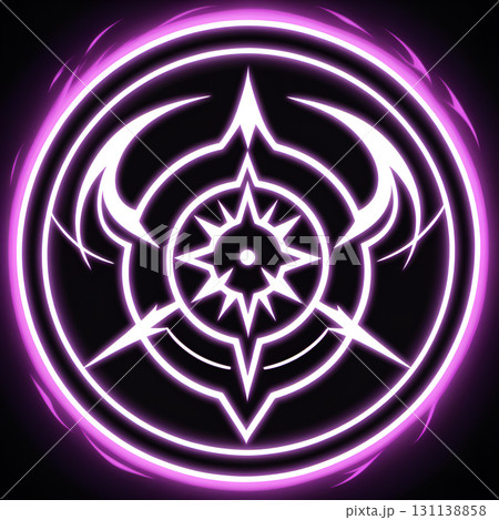Mystical glowing purple magic circle with intricate geometric patterns on black background 131138858