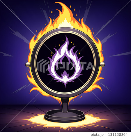 Stylized illustration of a flaming emblem on a stand, perfect for branding or design uses. 131138864