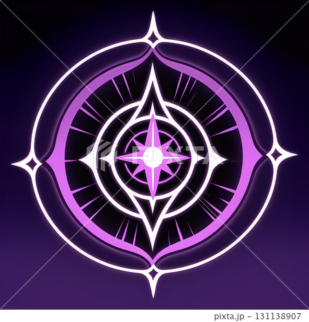 Mystical glowing compass symbol with intricate geometric patterns and purple luminous aura on dark background Mystical glowing compass symbol with intricate geometric patterns and purple luminous aura on dark background 131138907