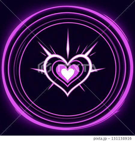 Vibrant neon heart emblem with glowing purple concentric circles and sharp rays on a dark background Vibrant neon heart emblem with glowing purple concentric circles and sharp rays on a dark background 131138916