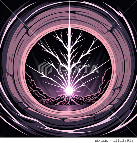 Mystical glowing tree emerges from rocky portal with vibrant purple energy and dark landscape 131138918
