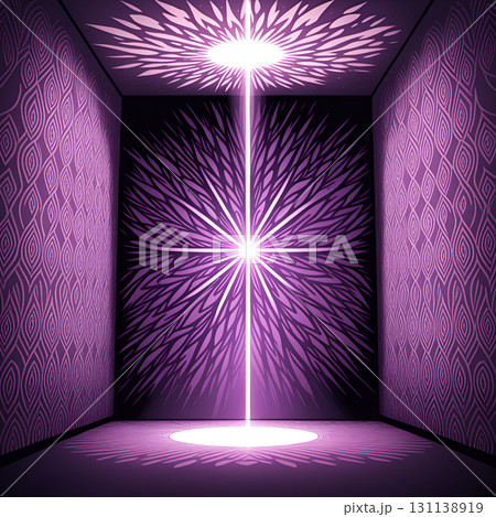 Vibrant purple laser beam pierces abstract geometric patterns in a dark, stylized room 131138919