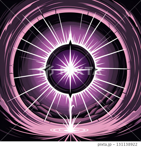 Abstract glowing purple portal radiating energy with a starburst center and swirling vortex background 131138922