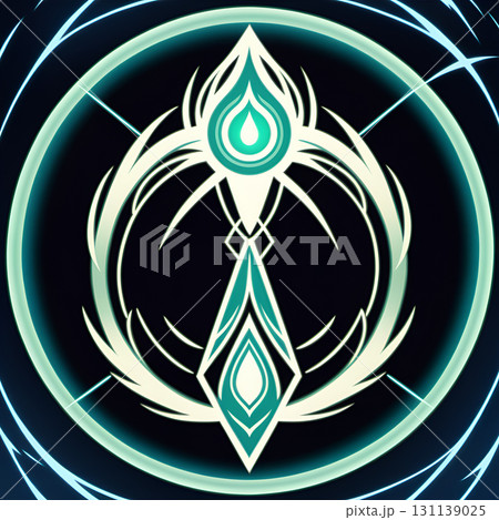 Abstract luminous teal and white geometric emblem with glowing circular outline on dark background Abstract luminous teal and white geometric emblem with glowing circular outline on dark background 131139025