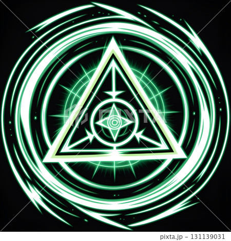 Mystical glowing geometric symbol with radiating green energy and concentric circles on black background 131139031