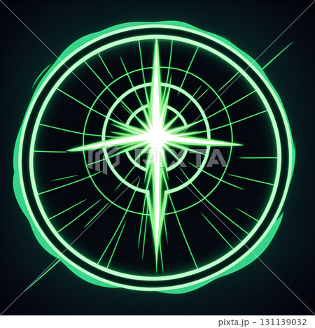 Glowing green compass rose with radial lines and starburst center on dark background Glowing green compass rose with radial lines and starburst center on dark background 131139032