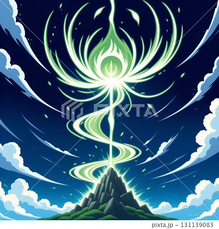 Powerful green energy beam erupts from mountain peak into a vibrant starry sky with clouds 131139083