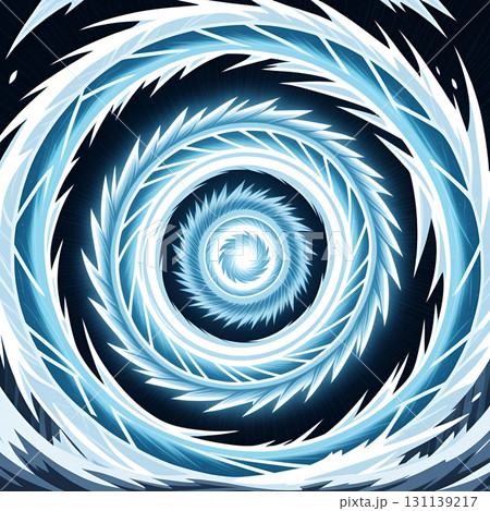 Abstract blue ice spiral vortex with sharp edges and glowing center on dark background Abstract blue ice spiral vortex with sharp edges and glowing center on dark background 131139217