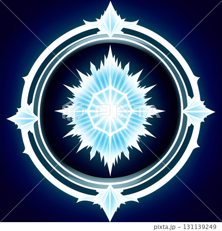 Abstract glowing snowflake emblem with sharp icy points and circular frame on dark blue background 131139249