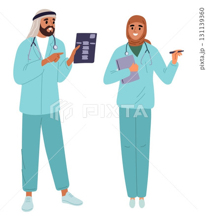 Arab male and female doctors. Muslim surgeon and nurse. Medical specialists. Man or woman work in Saudi clinic. Hospital professional staff. Islamic practitioner physicians. Vector concept Arab male and female doctors. Muslim surgeon and nurse. Medical specialists. Man or woman work in Saudi clinic. Hospital professional staff. Islamic practitioner physicians. Vector concept 131139360