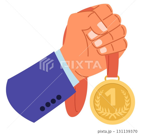 Businessman holds medal. Award for first place in competition. Business ambition. Winning reward. Corporate leader trophy. Gold badge with ribbon. Vector concept of victory and success Businessman holds medal. Award for first place in competition. Business ambition. Winning reward. Corporate leader trophy. Gold badge with ribbon. Vector concept of victory and success 131139370