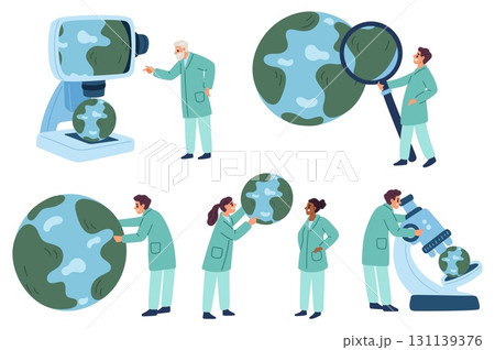 Environmental scientists study nature and ecology. Men and women care for Earth. People explore planet with microscope and magnifier. Scientific ecological research. Vector concepts set Environmental scientists study nature and ecology. Men and women care for Earth. People explore planet with microscope and magnifier. Scientific ecological research. Vector concepts set 131139376