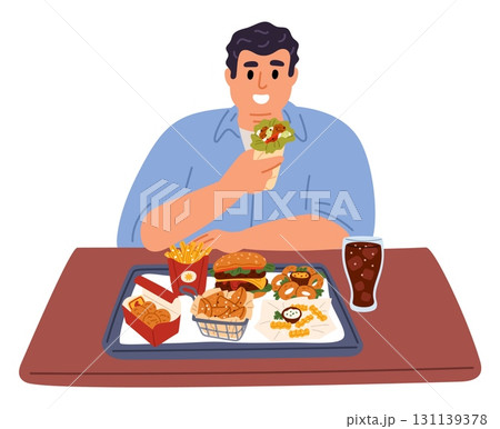 Fat man with tray full of junk fast food. Unhealthy lifestyle. Meal addiction. Obese guy eating burger and fries. Overweight male. Overeating disorder. Vector concept of poor nutrition Fat man with tray full of junk fast food. Unhealthy lifestyle. Meal addiction. Obese guy eating burger and fries. Overweight male. Overeating disorder. Vector concept of poor nutrition 131139378