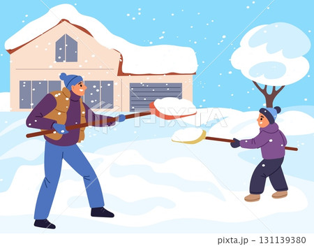 Father and son in warm clothes clear snow near their house. Man and boy work together in winter backyard. Snowy yard cleaning. Happy family with shovels digging snowdrifts. Vector concept 131139380