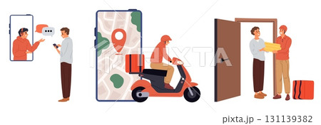 Food delivery service from order pickup to courier delivery to door of home. Smartphone application with map route. Deliveryman carrying products to doorway. Scooter drive. Vector concept 131139382