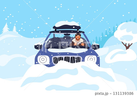 Male driver lost control of car on snow covered city road. Winter snowfall. Vehicle skids on roadway. Frozen nature. Wintertime trip risk. Snowstorm blizzard. Auto drive. Vector concept 131139386