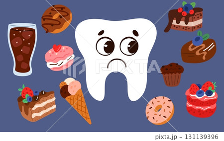 Sad cartoon tooth surrounded by sweet and junk food. Chocolate cake and donuts. Sugary drinks and pastries. Dental upset character. Hazard of caries. Unhealthy eating. Vector concept Sad cartoon tooth surrounded by sweet and junk food. Chocolate cake and donuts. Sugary drinks and pastries. Dental upset character. Hazard of caries. Unhealthy eating. Vector concept 131139396