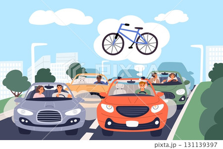 Sad male driver standing in traffic jam dreams of bicycle. Alternative to getting around in car. Transport collapse. City busy roadway. Man thinking about bike. Rush hour. Vector concept 131139397