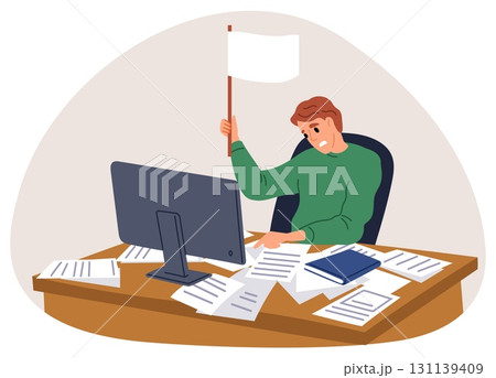 Tired male worker raises white flag. Surrendering to hard work. Overworked businessman. Burnout employee. Man at computer. Defeat from paperwork. Fatigue and stress. Vector concept 131139409