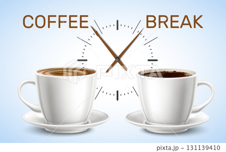 Two cups of flavored drink on background of clock face and coffee break inscription. Caffeine beverage mug. Porcelain tableware. Watch dial. Cappuccino and americano. Vector banner Two cups of flavored drink on background of clock face and coffee break inscription. Caffeine beverage mug. Porcelain tableware. Watch dial. Cappuccino and americano. Vector banner 131139410