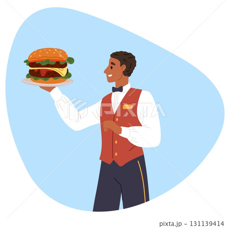 Waiter holding large burger on tray. Man offers fast food meal. Male servant in uniform carrying cheeseburger dish. Cafe staff. Restaurant hospitality. Fastfood serving. Vector concept Waiter holding large burger on tray. Man offers fast food meal. Male servant in uniform carrying cheeseburger dish. Cafe staff. Restaurant hospitality. Fastfood serving. Vector concept 131139414
