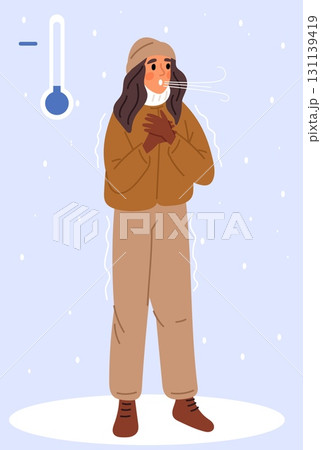 Young girl is freezing outside in winter. Cold season frost weather. Woman has become hypothermic due to low temperature. Shivering female character. Frozen thermometer. Vector concept 131139419