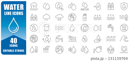 Water Line Icon Set Features 40 Editable Stroke Thin Line Symbols Including Drops, Waves, Taps, And H2O Elements. Perfect For Apps, Infographics, Websites, And Design Projects. Isolated Vector Water Line Icon Set Features 40 Editable Stroke Thin Line Symbols Including Drops, Waves, Taps, And H2O Elements. Perfect For Apps, Infographics, Websites, And Design Projects. Isolated Vector 131139769