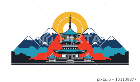 Japanese Pagoda at Sunrise in Mountain Scenery 131139877