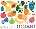 Set of ripe juicy fruits. Papaya, plum, avocado, pear, pitaya, tangerine, lemon, orange, apple, grapes, banana, cherry, fig, persimmon, pineapple, grapes. Vector illustration on a white background. 131139898