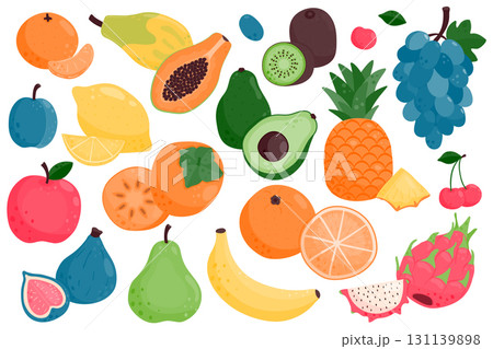 Set of ripe juicy fruits. Papaya, plum, avocado, pear, pitaya, tangerine, lemon, orange, apple, grapes, banana, cherry, fig, persimmon, pineapple, grapes. Vector illustration on a white background. Set of ripe juicy fruits. Papaya, plum, avocado, pear, pitaya, tangerine, lemon, orange, apple, grapes, banana, cherry, fig, persimmon, pineapple, grapes. Vector illustration on a white background. 131139898