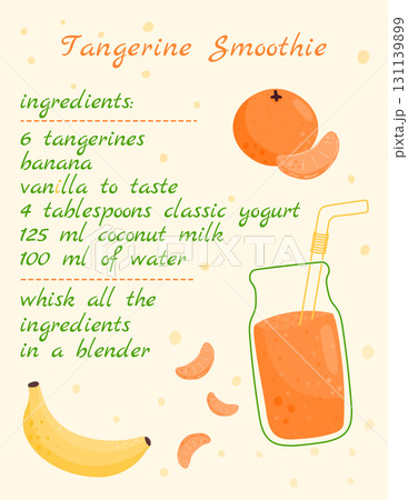 Tangerine smoothie recipe. Tangerine, banana. Vector illustration of a healthy drink. 131139899