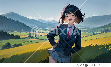 山を背景にした女子高生 山を背景にした女子高生 131140050