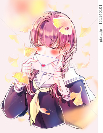 セーラー服のみつあみの女子学生　赤面　イチョウ 131140101