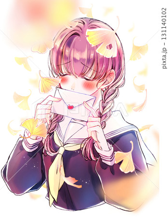 セーラー服のみつあみの女子学生　赤面　イチョウ 131140102