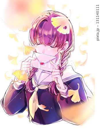 セーラー服のみつあみの女子学生 涙 イチョウ セーラー服のみつあみの女子学生 涙 イチョウ 131140111