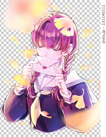 セーラー服のみつあみの女子学生 涙 イチョウ セーラー服のみつあみの女子学生 涙 イチョウ 131140111