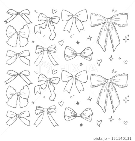かわいいリボンの線画イラストセット素材｜リボン,リボンセット,飾り,装飾 131140131