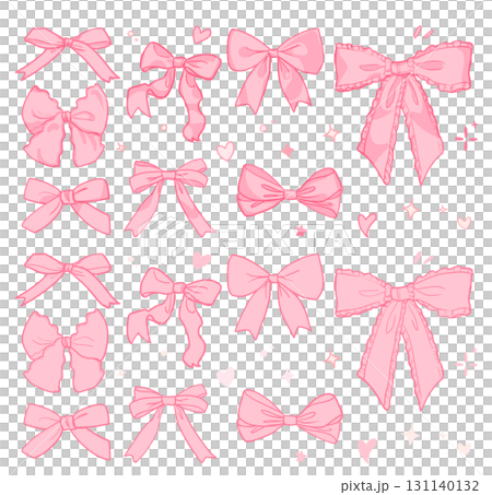 ゆめかわポップ かわいいリボンのピンク色イラストセット素材｜リボン,リボンセット,飾り,装飾 131140132