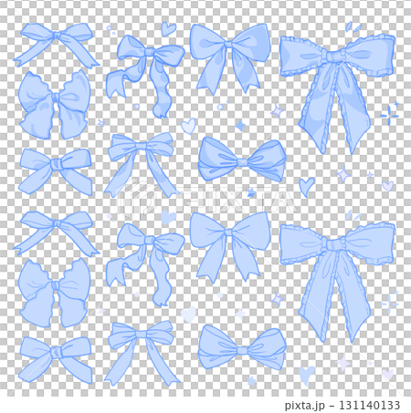 ゆめかわポップ　かわいいリボンの青色イラストセット素材｜リボン,リボンセット,飾り,装飾 131140133