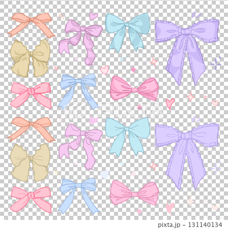ゆめかわポップ　かわいいリボンのカラフルなイラストセット素材｜リボン,リボンセット,飾り,装飾 131140134