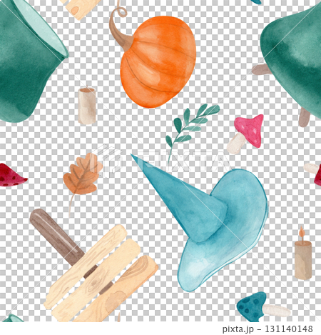 Watercolor seamless pattern with witch cauldrons, hat, pumpkin, wooden sign, leaves, composition isolated from the background. Perfect for Halloween wrapping paper, fabrics, cards, and seasonal decor 131140148