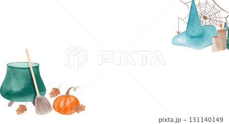 Watercolor Halloween frame with witch cauldron, broom, pumpkin, witch hat, cobweb on isolated background for Halloween greeting cards. for invitations, posters, cards, party decor, seasonal designs 131140149