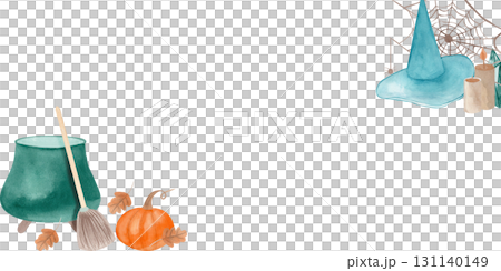 Watercolor Halloween frame with witch cauldron, broom, pumpkin, witch hat, cobweb on isolated background for Halloween greeting cards. for invitations, posters, cards, party decor, seasonal designs 131140149