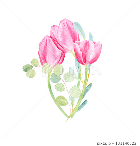 Tulips and eucalyptus bouquet watercolor illustration isolated on white. Perfect for wedding invitations, spring floral arrangements, cards, textile patterns, natural decor, botanical design. Spring Tulips and eucalyptus bouquet watercolor illustration isolated on white. Perfect for wedding invitations, spring floral arrangements, cards, textile patterns, natural decor, botanical design. Spring 131140522