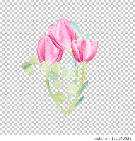 Tulips and eucalyptus bouquet watercolor illustration isolated on white. Perfect for wedding invitations, spring floral arrangements, cards, textile patterns, natural decor, botanical design. Spring Tulips and eucalyptus bouquet watercolor illustration isolated on white. Perfect for wedding invitations, spring floral arrangements, cards, textile patterns, natural decor, botanical design. Spring 131140522